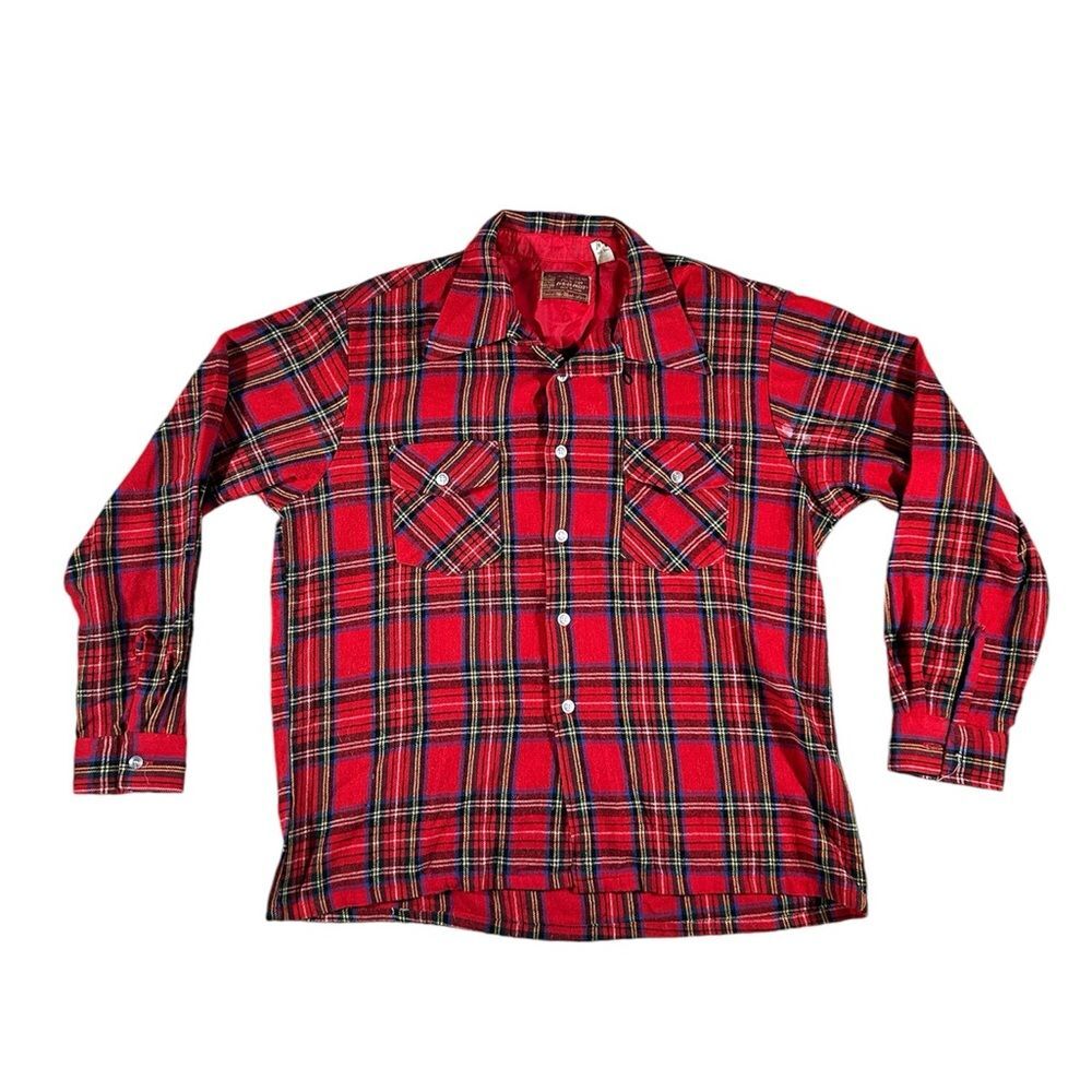 Vintage Sears Red Made in Japan Perma-Press Tartan Plaid Button Down Shirt Sz.L